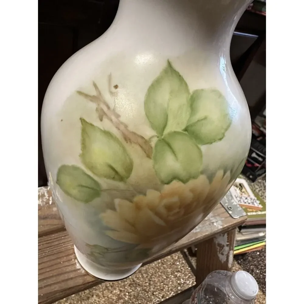 Ruth Houston Hand Painted Yellow‎ Rose Porcelain Vase Gold Gilt Rim Vintage